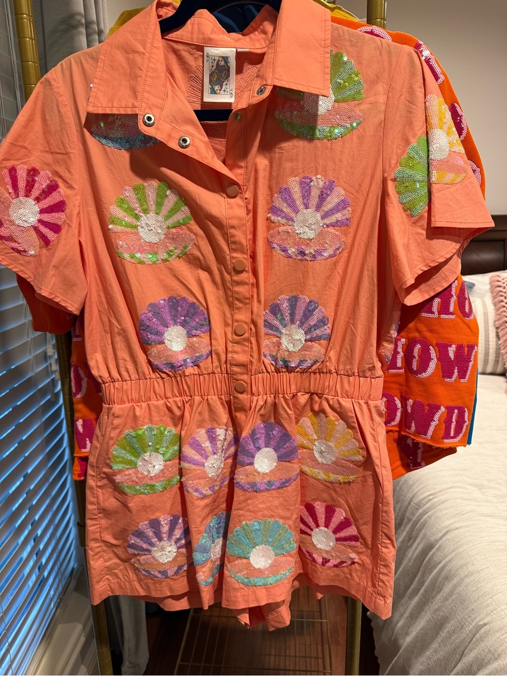 QUEEN OF SPARKLES Coral Embroidered Shell Romper